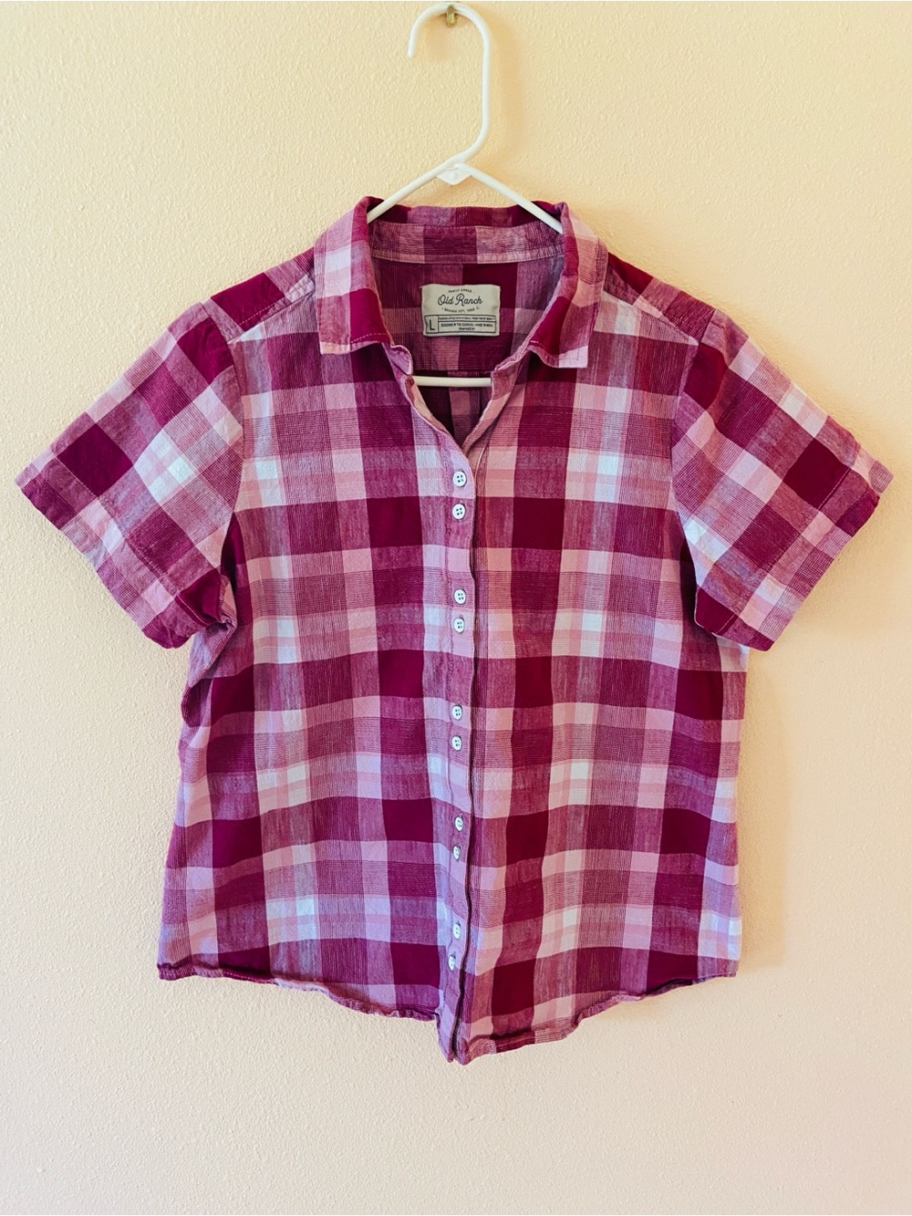 Women’s Old Ranch Raspberry Button Up Plaid Shirt, Size Large, Cotton